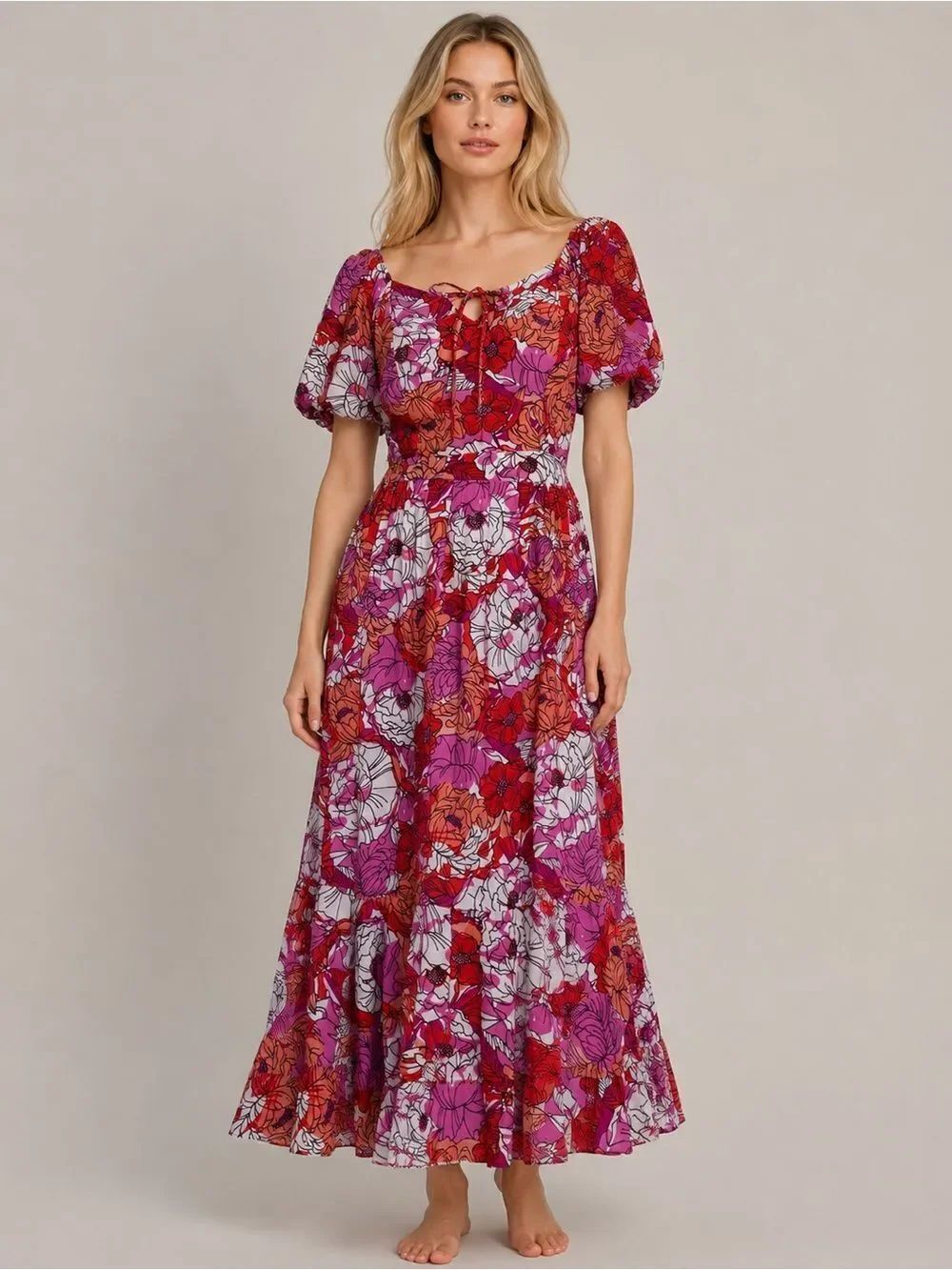 Japna Red & Pink Retro Floral Maxi Dress Puff Sleeves Flowy Boho 100% Rayon